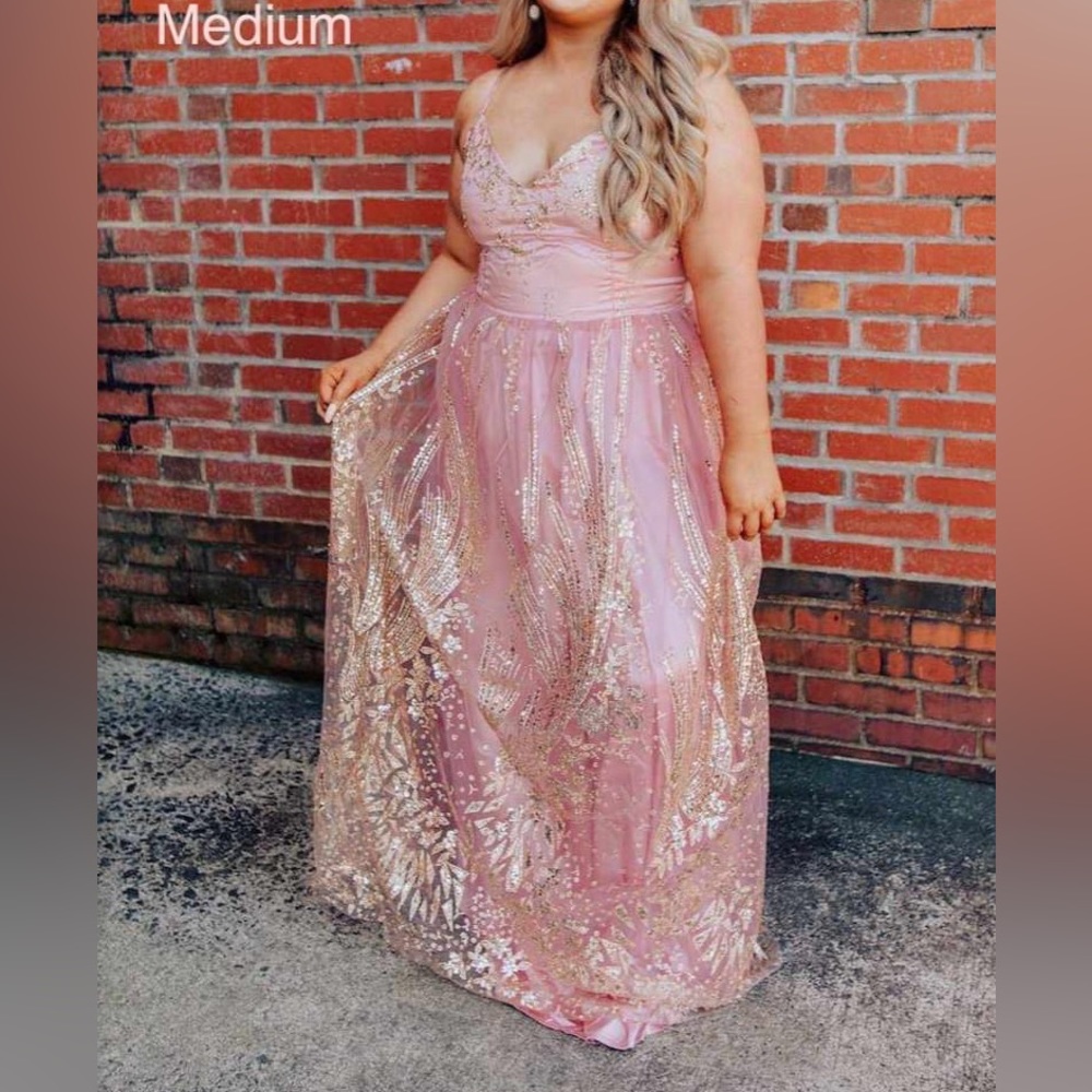 Pink and gold glitter abstract sheer formal prom dress